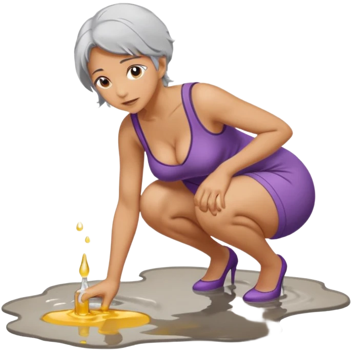 A naked woman bending over peeing on the floor leaving a puddle behind, pussy, big boob's, grey hair emoji