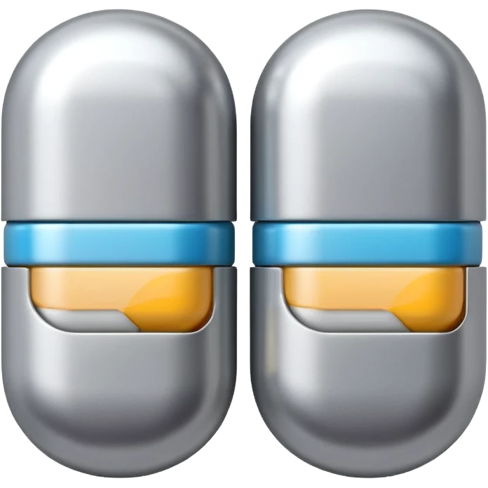 capsule pill emoji, metallic silver halves, smooth glossy finish, futuristic pharmaceutical 3D icon, isolated on white emoji