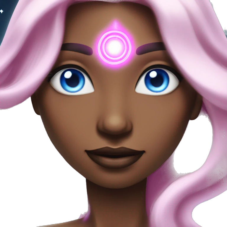 magical diva with thin pink andromedan skin long hair and blue eyes glowing third eye emoji