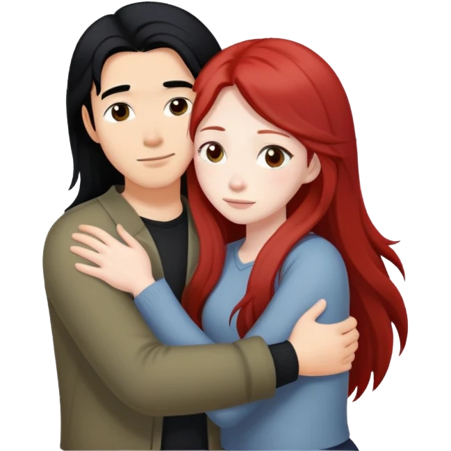 asian guy with long black hair hugging natural red haired girl emoji