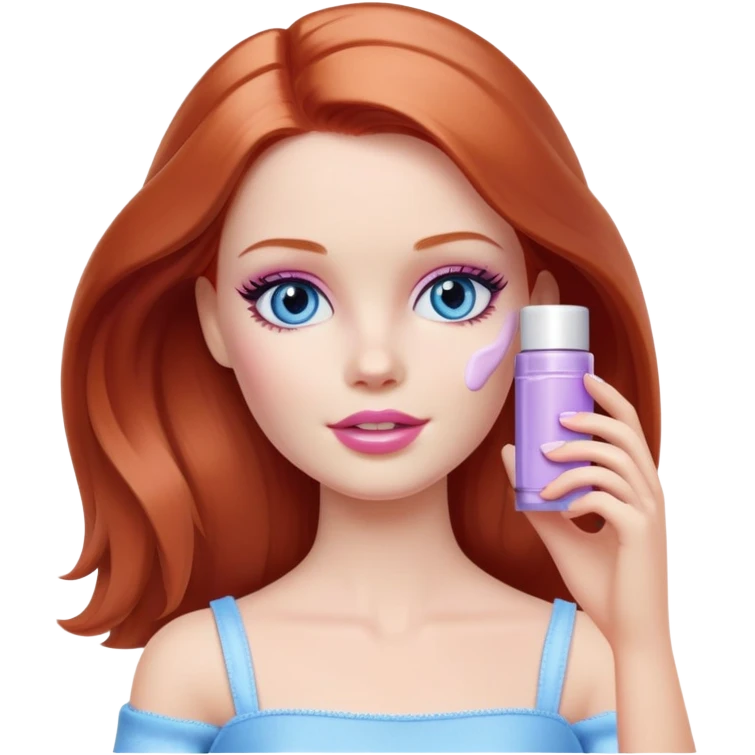 Barbie girl Chestnut-red Shoulder-length hair and blue eyes is In pale purple smears by hand cosmetic cream on her face emoji