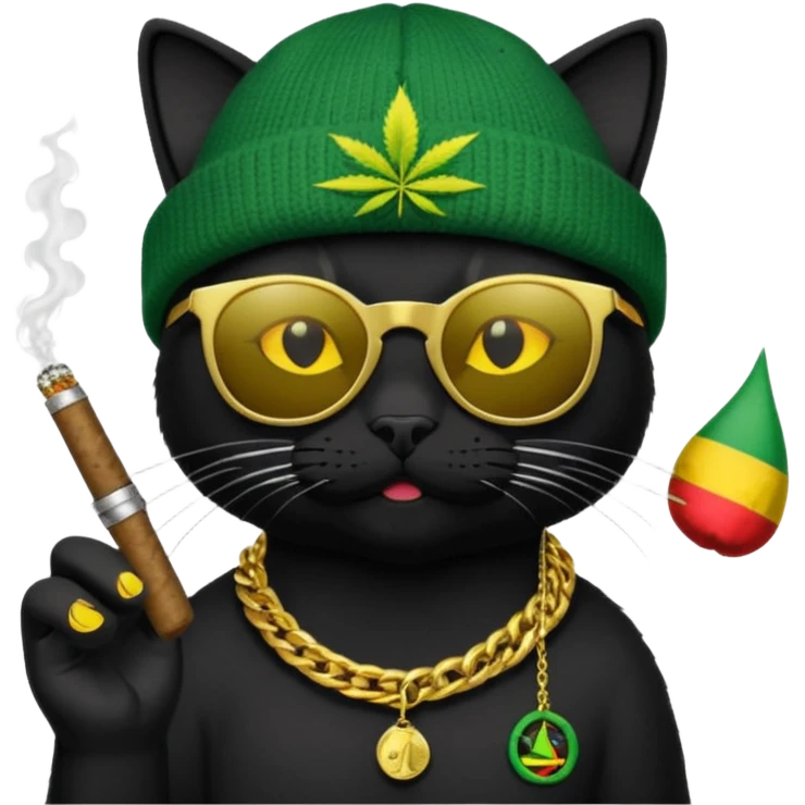 A black cat wearing the deal with it shades and a rasta beanie and smoking a joint and wearing a gold chain that says 420 emoji