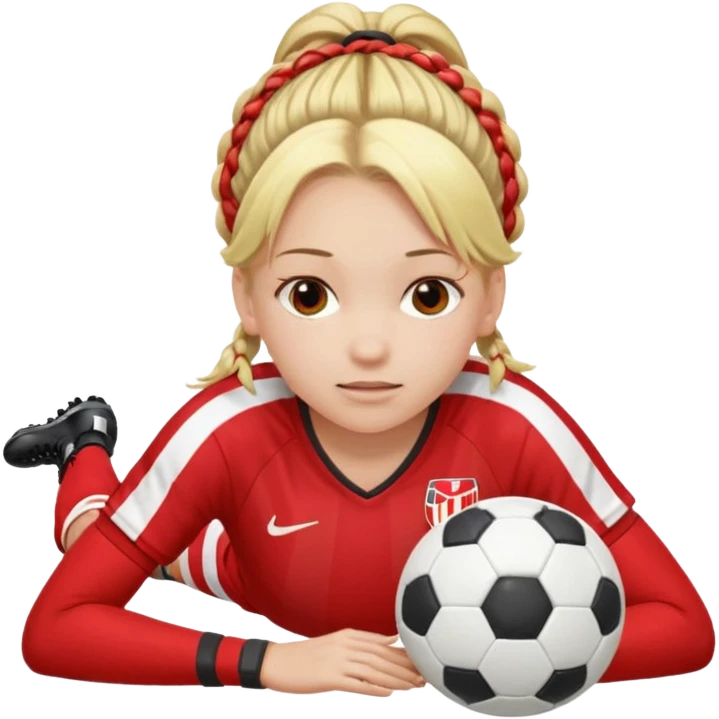 Chica de pelo rubio tirada en el suelo boca abajo agarrando un balón con las manos vestida con una equipación de color rojo y blanco con líneas y con unas botas de tacos de fútbol, con un bucal en la boca y el pelo con trenzas emoji