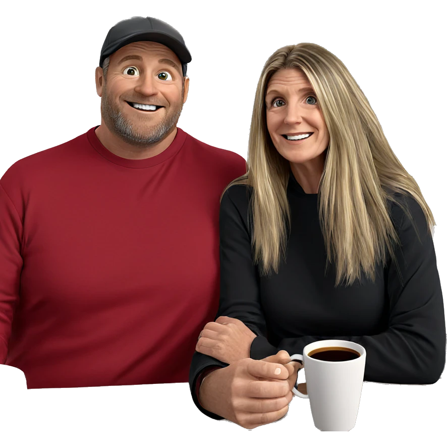 smiling couple with coffee mugs emoji