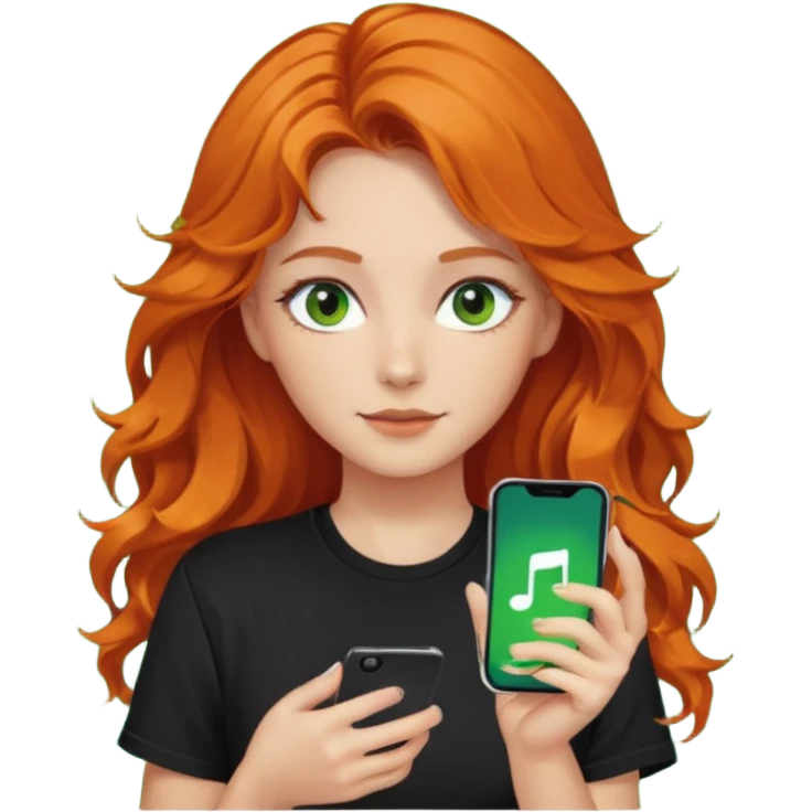 Girl with dark long orange wavy hair, green eyes, and black t-shirt and phone with tiktok app on hand emoji