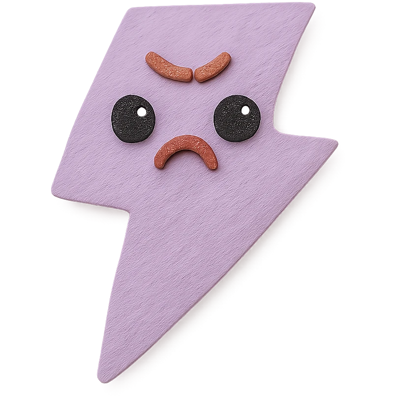 adorable pastel purple lightning bolt, angry expression, cute eyes, no arms or legs, full body, kawaii paper craft style emoji