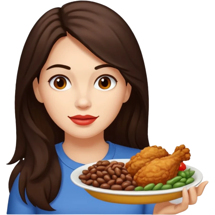 Mujer de pelo cafe oscuro y largo, y tez blanca comiendo pollo frito con frijoles emoji