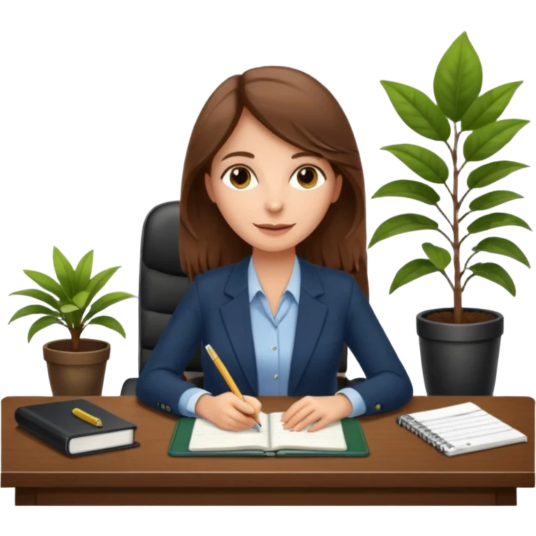 imagen de una mujer castaña en una oficina con escritorio, silla, notebook, agenda y una planta con un cartel que diga en español FUERA DE OFICINA emoji