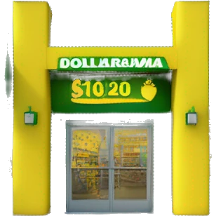 “Exterior of a Dollarama store with the bright green facade, bold yellow Dollarama sign, large front windows, and entrance doors, capturing the look of a budget-friendly retail store.” emoji