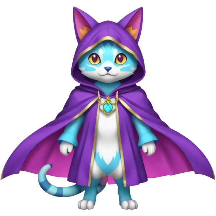 Colorful neon glowing abyssal gatomon-purloin-feline-Fakemon-Digimon-creature wearing a cool cloak cape hoodie and apparels fursona (full body)  emoji