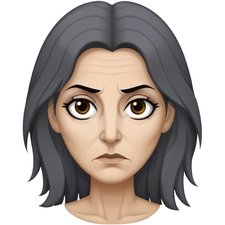 Mirri Maz Duur is a weathered, age 45  woman with deep-set dark eyes, high cheekbones, and a sharp nose, giving her a stern, knowing expression. Her long, unkempt dark hair streaked with gray falls loosely over her shoulders emoji