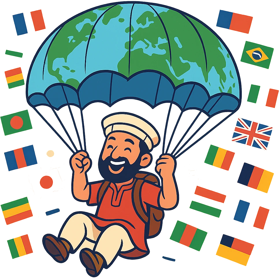 A joyful tourist in traditional clothing parachuting with a world map, various national flags in the background, modern style, vivid colors. emoji