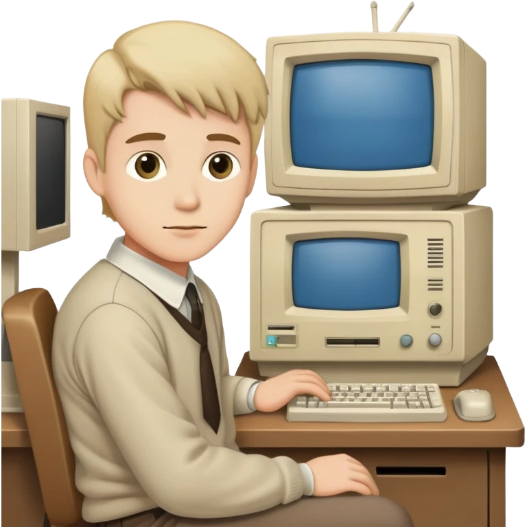 Young man sitting at a very old desktop computer from the 1990s with CRT monitor and beige tower emoji