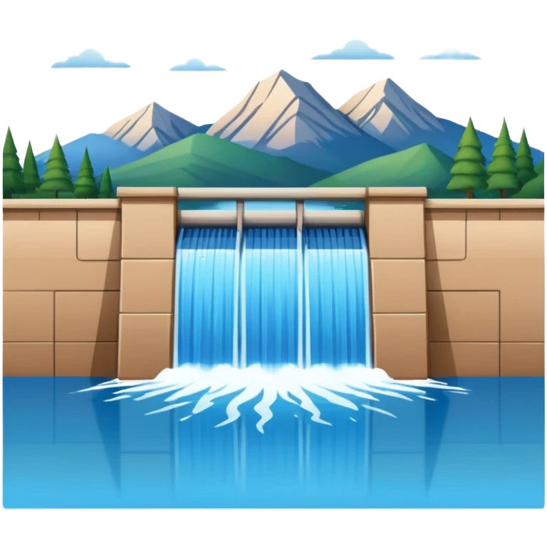 Emoji-style illustration of dam in front of mountain lake, flat vector look, bold outlines, minimal details, no background. emoji