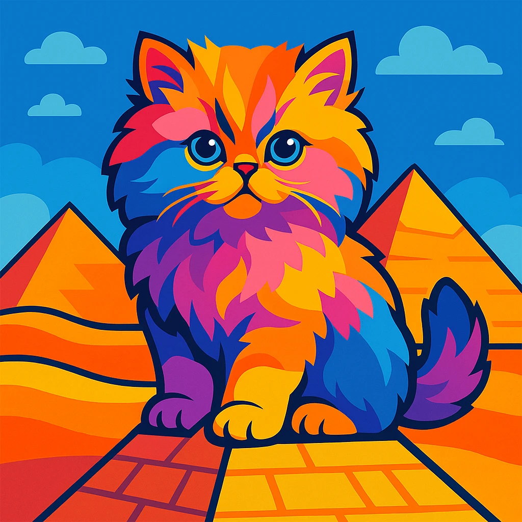 a colorful illustration of a Persian kitten sitting on an Egyptian pyramid emoji