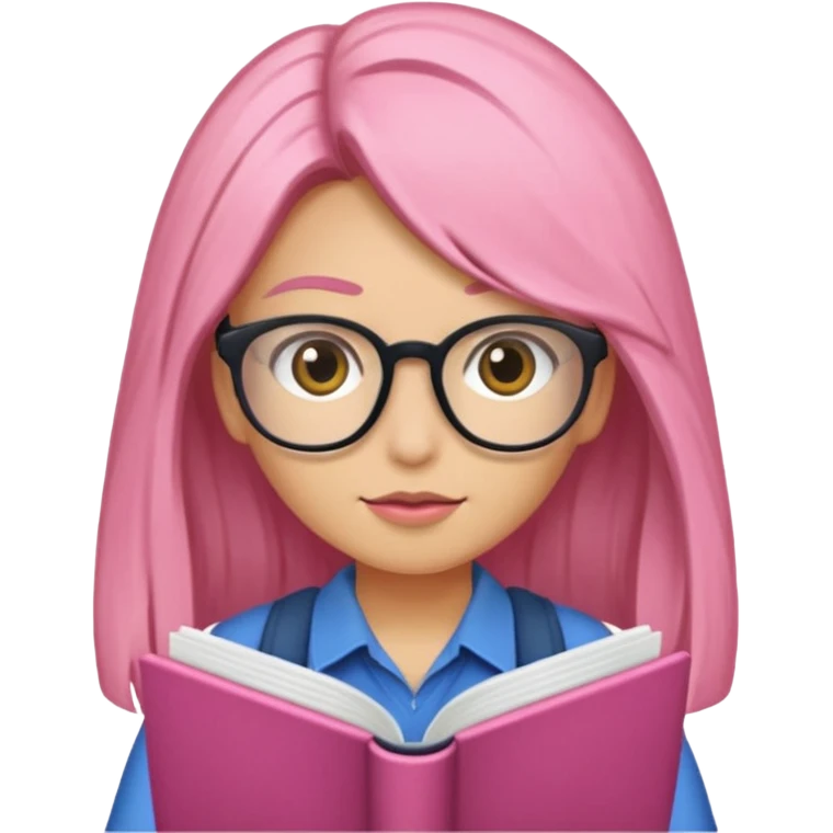 Estudante de cor parda cabelo cacheado loiro escuro de óculos segurando um caderno rosa emoji