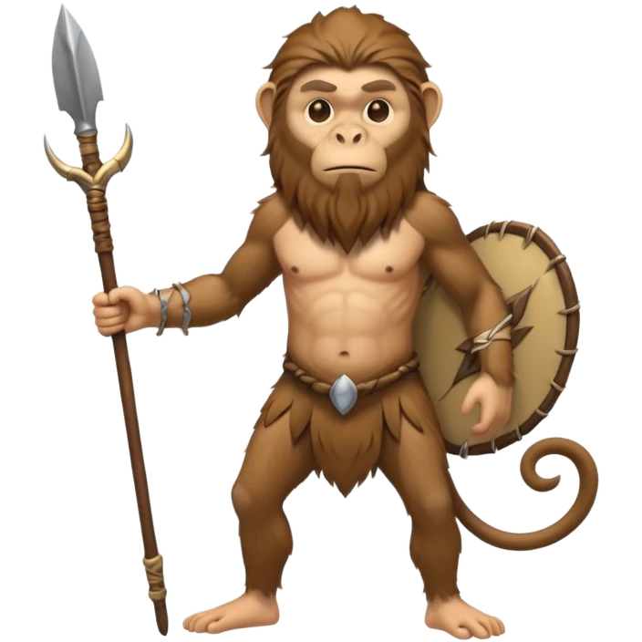 fullbody monkey Neanderthal with human face, long hair, long beard, holding a spear emoji