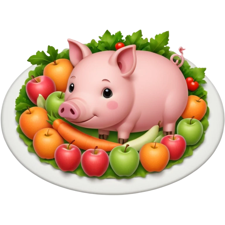 A pig side view nested over a white dish with an apple on his mouth, rounded by vegetables. No human expression emoji
