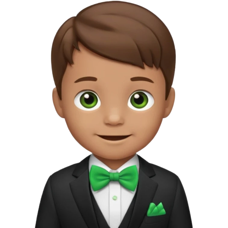 baby boy, brown hair in suit, with green bow, smile emoji