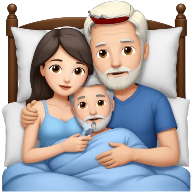 Man with grey hair and beard, and beautiful brunette woman spooning in bed emoji