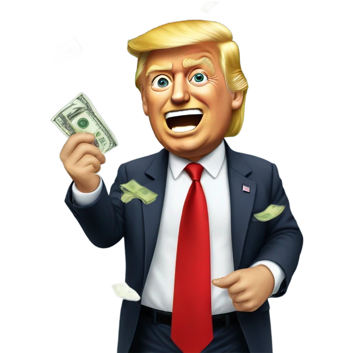 President Trump in red tie throwing money around.  emoji