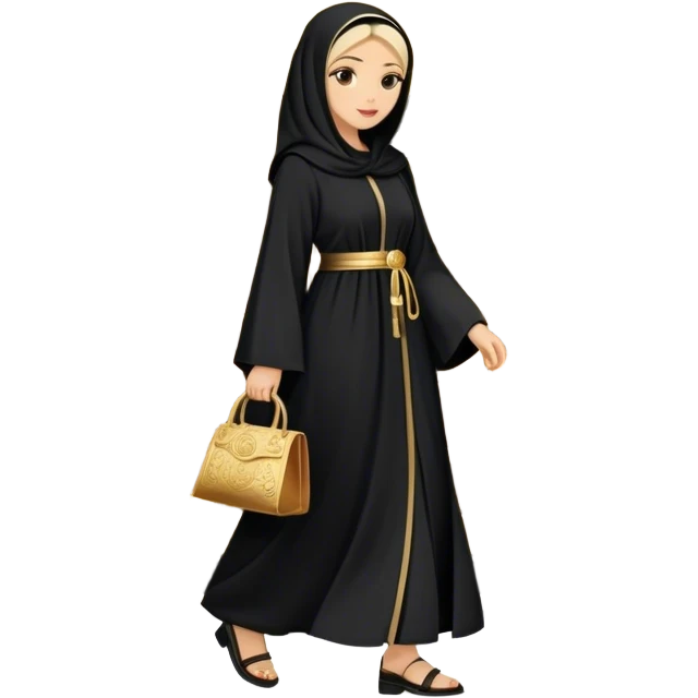 Middle Eastern cultural scene, featuring a young woman dressed in a traditional black abaya with gold accents, walking out of an old-style handcrafted shoe shop. emoji
