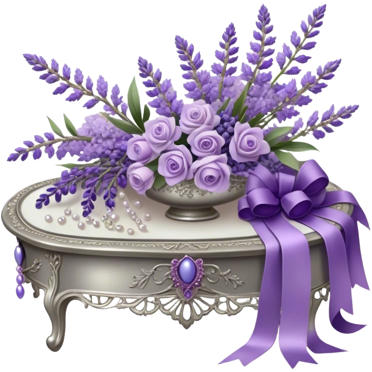 A cascading bouquet of lavender, blending soft lilac, dusky violet, and deep amethyst hues, is wrapped in delicate pearl-colored lace, tied with a silky wisteria ribbon. The stems, slightly uneven and wild, spill gently over the edge of an antique silver tray, where a few loose buds rest, their fragrance mingling with the faint scent of aged paper and timeworn fabric.
 emoji