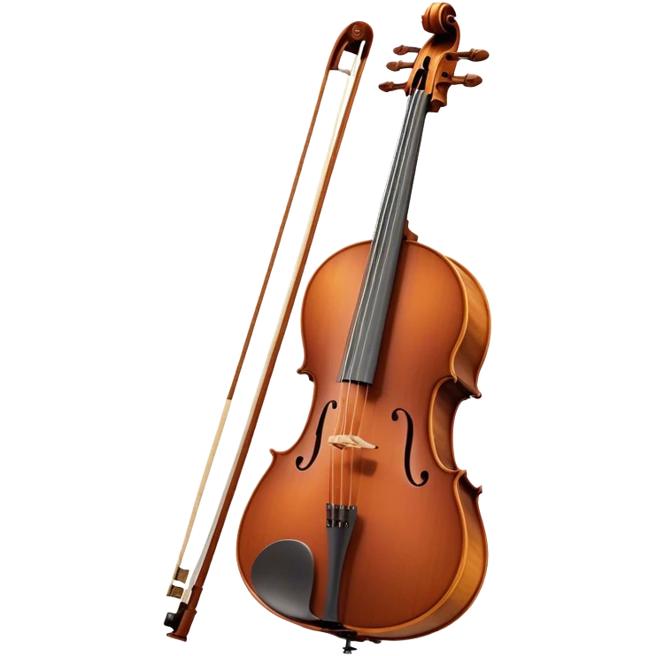 Create an elegant and refined emoji representing a Cremona 4/3F 4/4 cello with bow. The design should feature the distinctive, finely crafted body of the cello, highlighting its rich wooden finish and gracefully curved shape. The bow should be included, with visible horsehair and a polished wooden stick. Add subtle details like tuning pegs and strings to emphasize the precision and craftsmanship of the instrument. Use warm wood tones, deep brown, and soft metallic accents to reflect the high quality of the Cremona cello. The background should be transparent. emoji