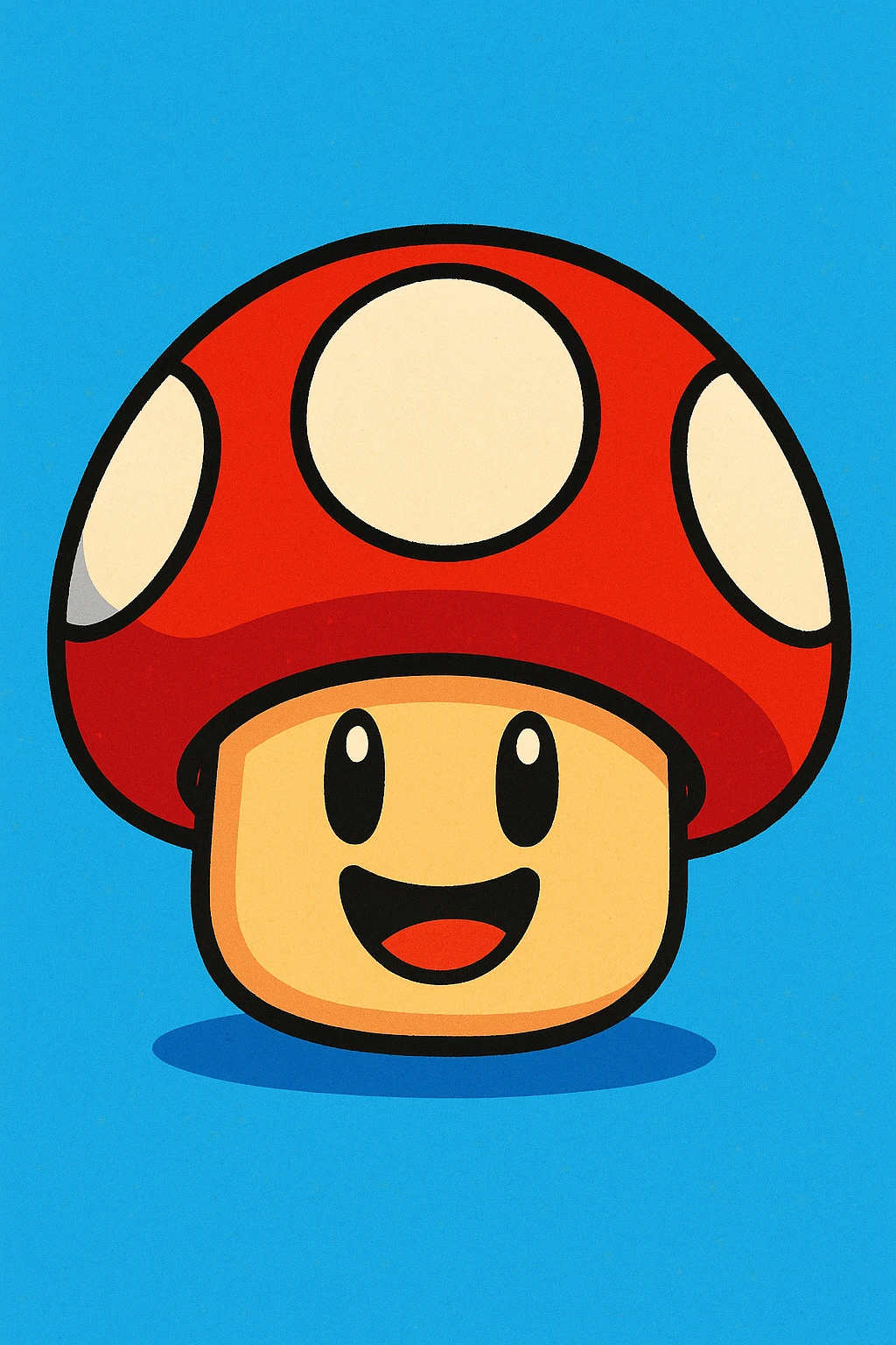 playful cartoon style Mario Mushroom, bright colors, simple shading, iconic red cap with white spots, cheerful expression emoji