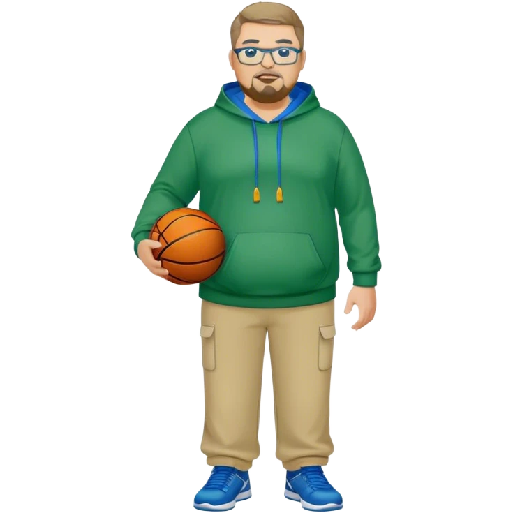 full body white obese male basketball coach with trophy. Goatee , Wearing glasses and blue and green hoodie and khaki pants emoji
