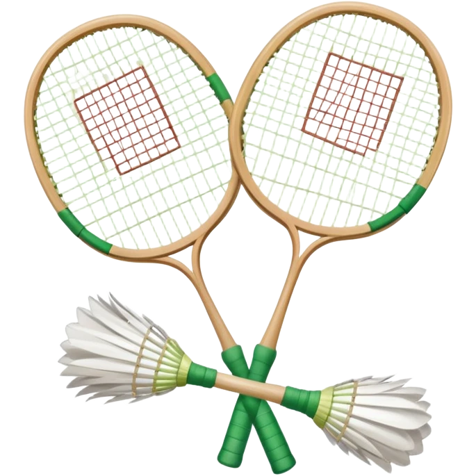 Two crossed badminton rackets with a shuttlecock resting in between, set against the faint outline of a badminton court. The image highlights the tools of the sport, with a subtle emphasis on the court's net and boundaries, symbolizing competition and skill. emoji