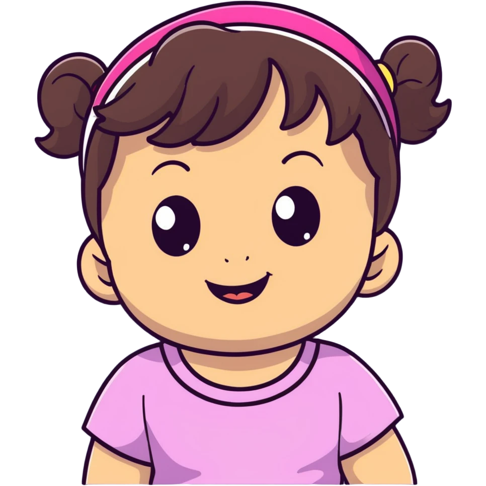 smiling toddler face with big eyes, medium skin tone, dark wavy hair, and a hair band emoji