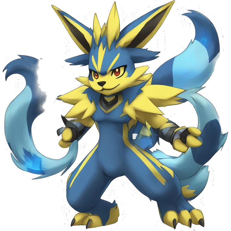 Anthro Edgy Cool Zeraora-Lucario-Werewolf-Jolteon-Pokémon-Fakémon with shiny blue stripes Full Body Detailed High Quality  emoji