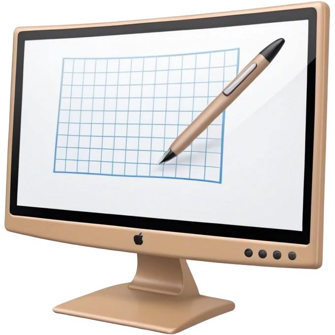 Create an emoji for 3D visualization and modeling. Show a 3D object with grid lines and a modeling tool (e.g., a mouse or stylus) on a big curved monitor. Use modern, professional colors. Do not include any emojis or smiley faces. Make the background transparent. emoji