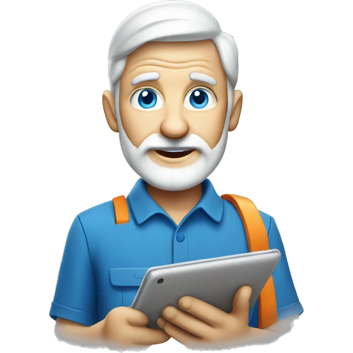 senior electrician with light beard and blue eyes having large tablet  emoji