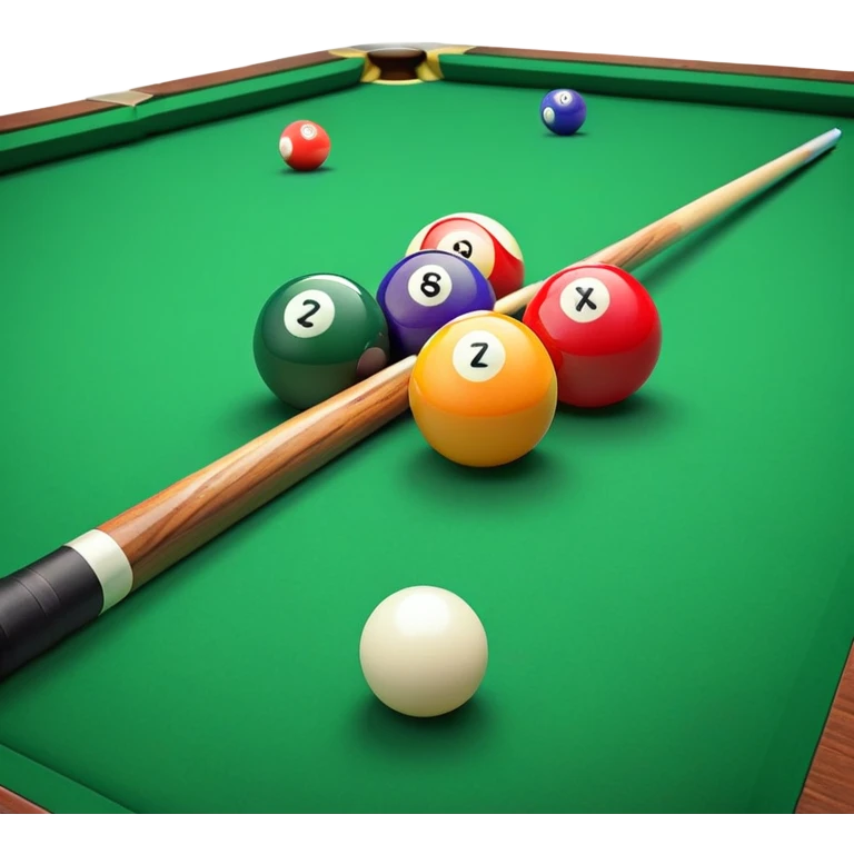 Two crossed pool cues resting on a billiard table, with colorful billiard balls scattered across the surface. The background features the felt of the table, creating an inviting atmosphere for a game of precision and strategy emoji