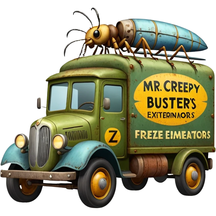  Mr. Creepy Freeze’s 1918 Lightning Bug busters exterminators antique long wheelbase moving truck  emoji