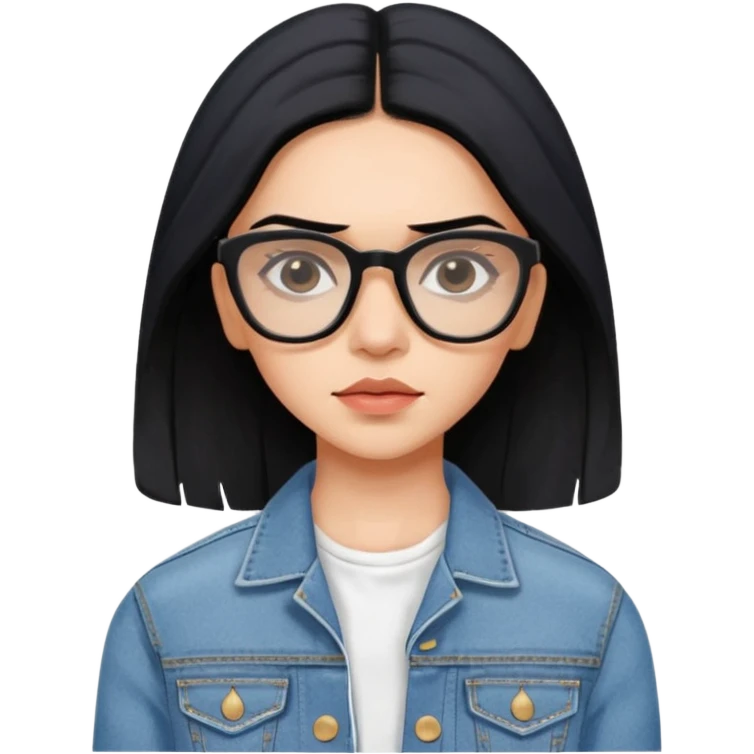 generate a pretty bratz emoji 
Make her wear a white dress with a denim jacket over it. black hair side part 

She should look exactly  like Deepika padukone. wearing tiny rectangular spectacle, looking sad emoji