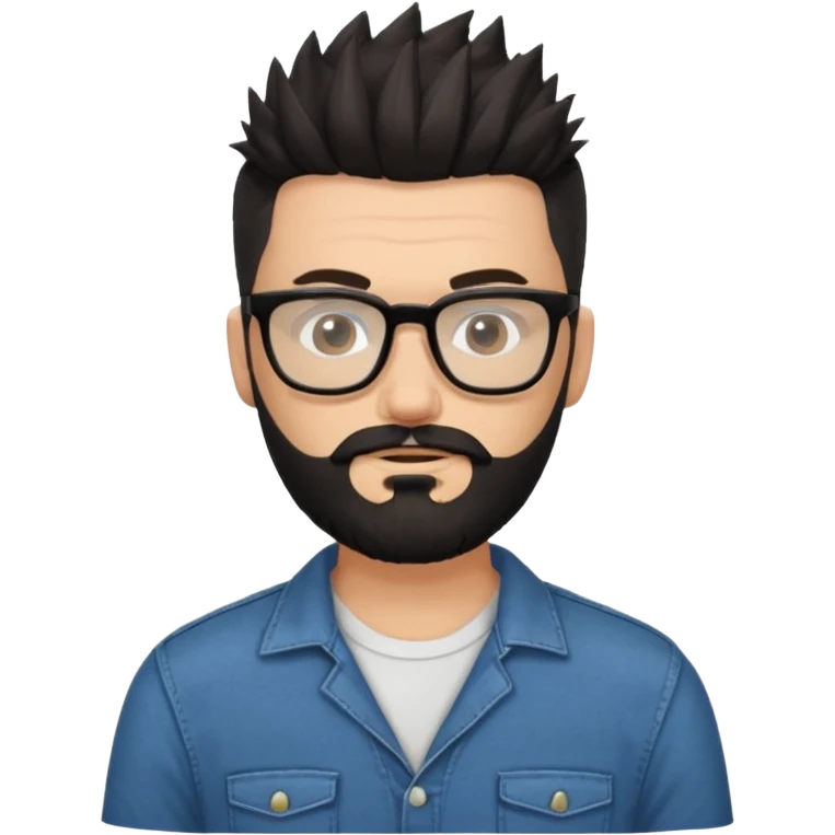 یه پسر سفید پوست با ریش مشکی و مدل موی جذاب که موهاش رو به بالاهست و عینک زده مدل موهاش اسپایکی باشه و لباسش هم رسمی نباشه emoji
