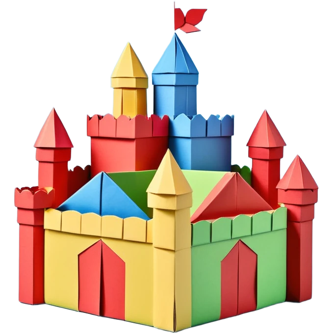 3D render of Cardboard Box Castle made entirely of folded origami paper, sharp creases, cardboard texture, matte finish, visible paper grain, craft aesthetic, Apple emoji style, isolated on white background --v 6.0 emoji