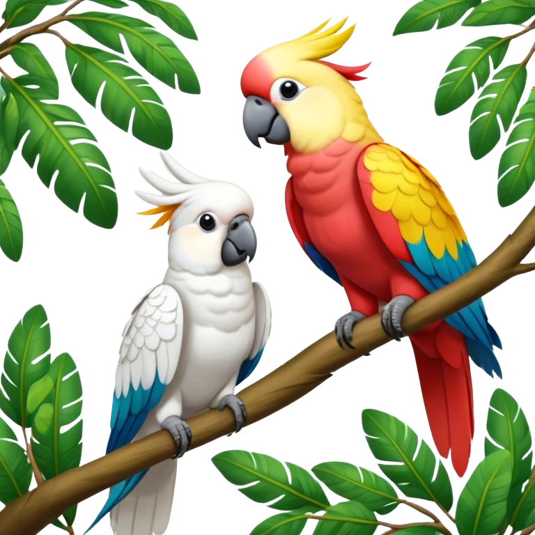 Close-up of colorful parrots Ara and Cockatoo Inca perched on tree branches, surrounded by lush greenery. Bright, vivid feathers contrast with the natural background of trees, leaves, fruits. Soft natural light, enhancing vibrant colors. Transparent background. emoji
