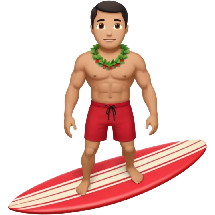 Dark-haired tan muscular 50 year old man with red shorts and shell lei surfing emoji