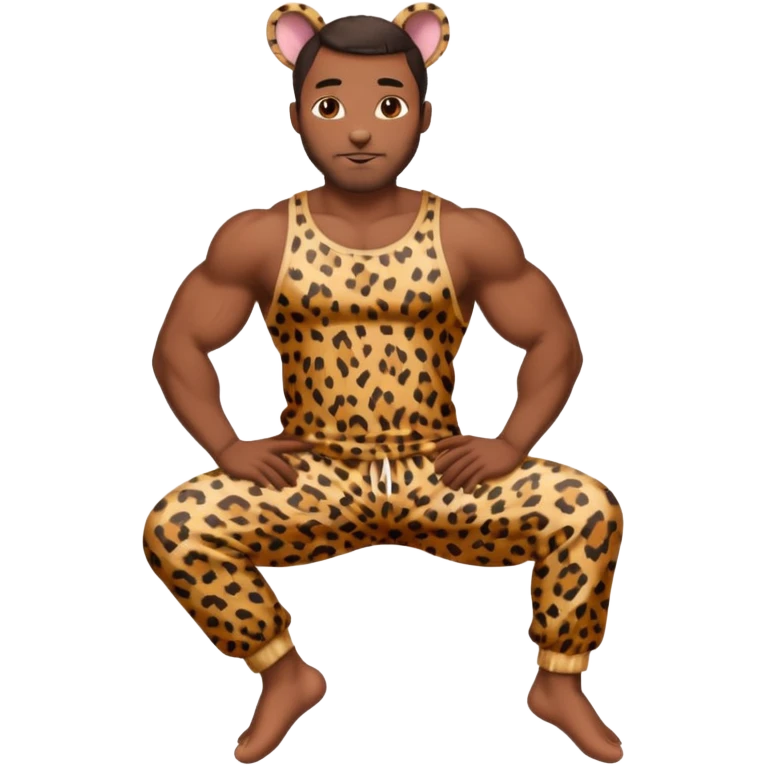 Handsome Black guy with brown skin tone, with muscular build, wearing loose fitting leapard print pajamas and bunny slippers  emoji