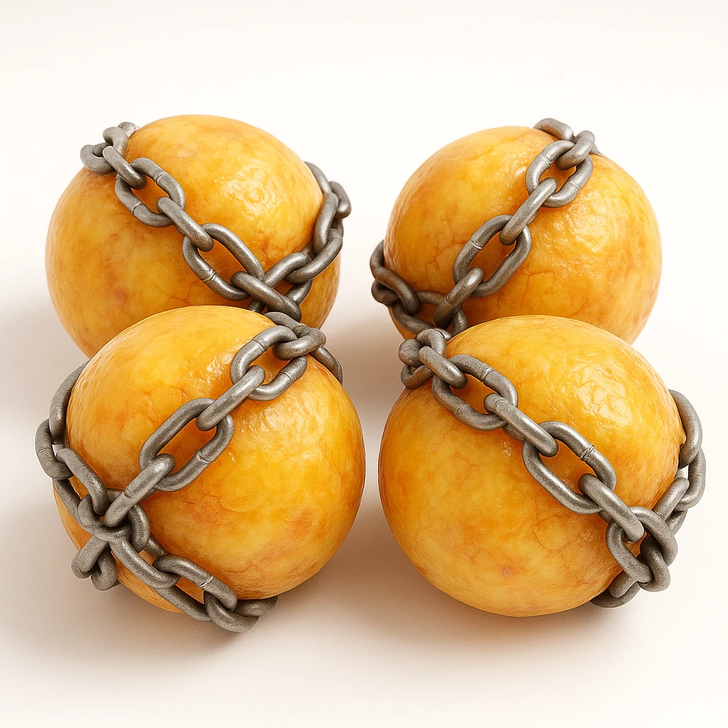 hyper realistic 4K isolated adipocytes blocked by chains, cellular details, white background, natural light emoji