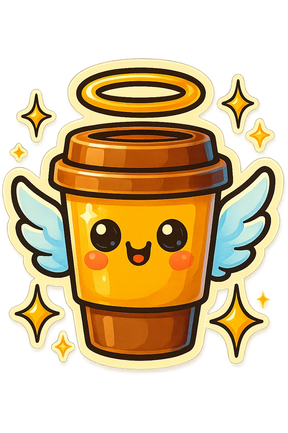 Tall coffee cup, shiney eyes, angel halo, wings, star sparkles emoji