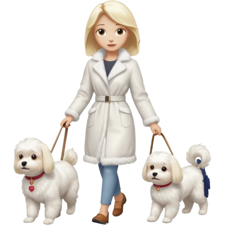 blonde woman wearing white, walking ONE maltese dog emoji