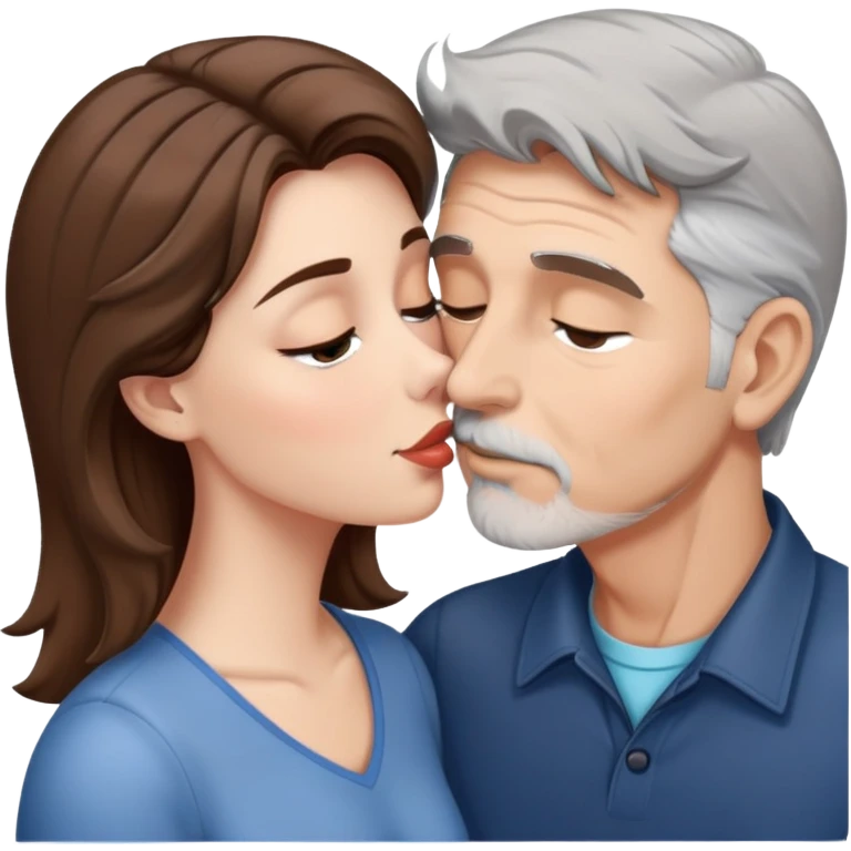 Brown haired woman kissing grey haired man emoji