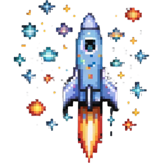 A retro pixel art style space rocket with bright colors and stars around it emoji
