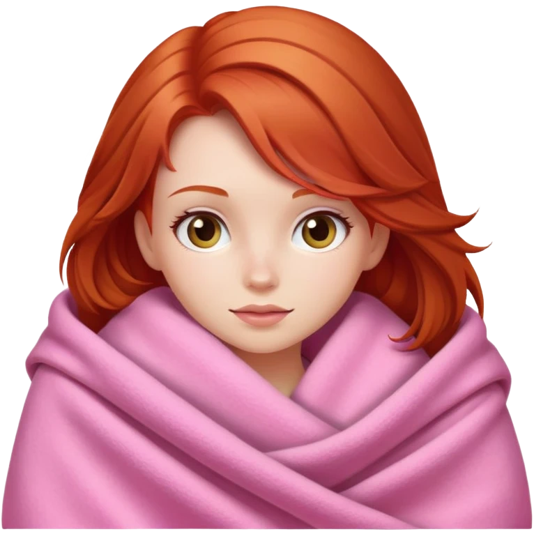 A redhead girl with a pink big cozy blanket emoji