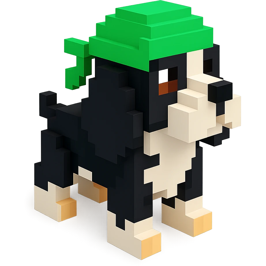 A black and white Russian Cocker Spaniel puppy wearing a green durag, facing right emoji